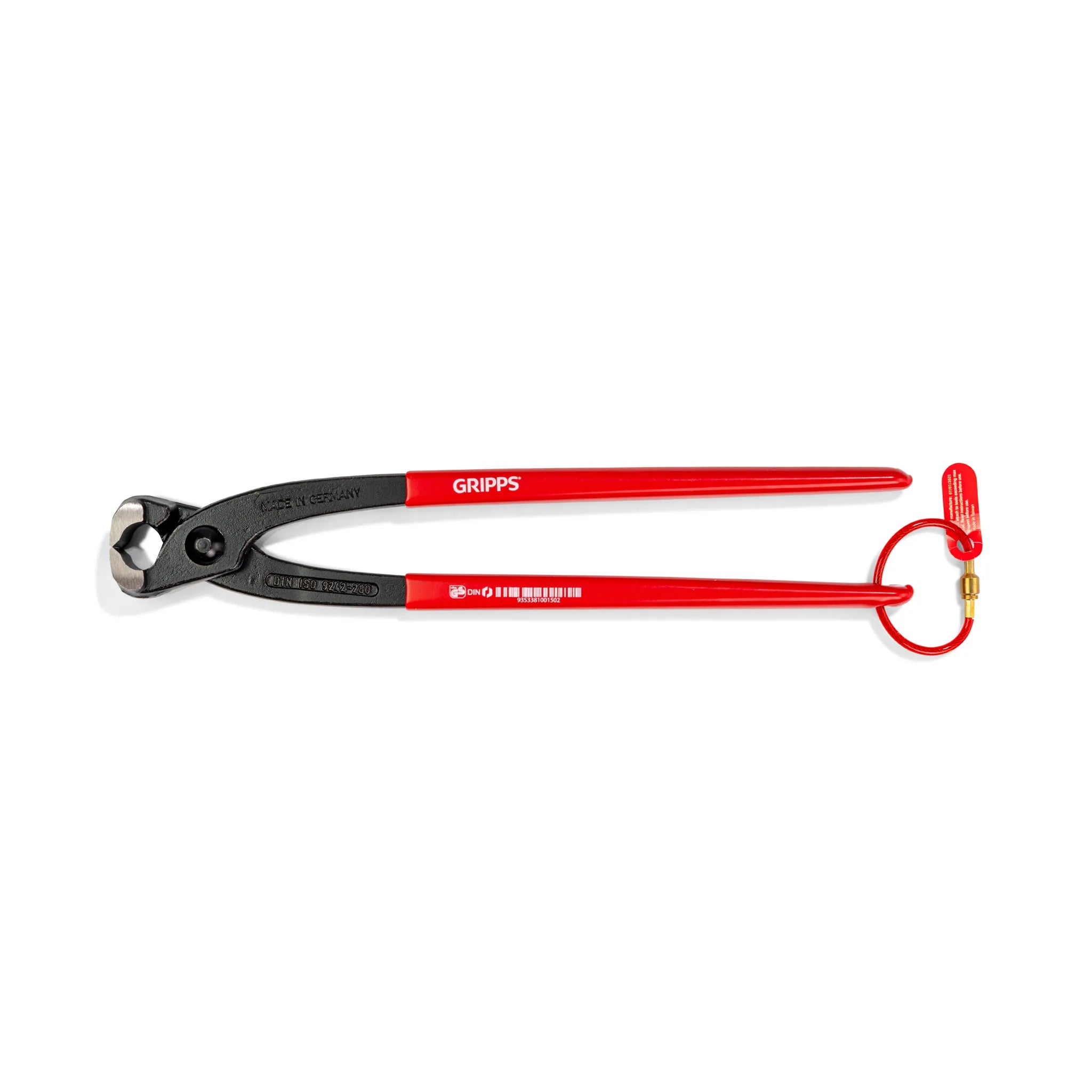 Red and black pliers with 'Gripps' branding on a white background and Gripplock cable